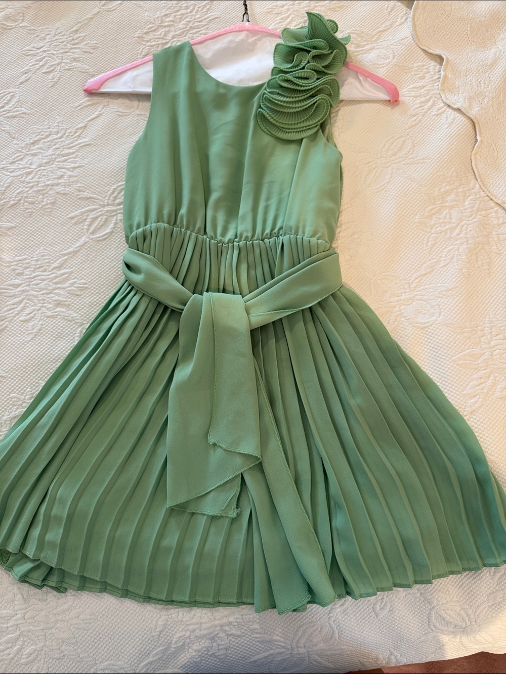 Girls' Sage Green Pleated Party Dress with Rosette Detail size 8 Abel and Lula